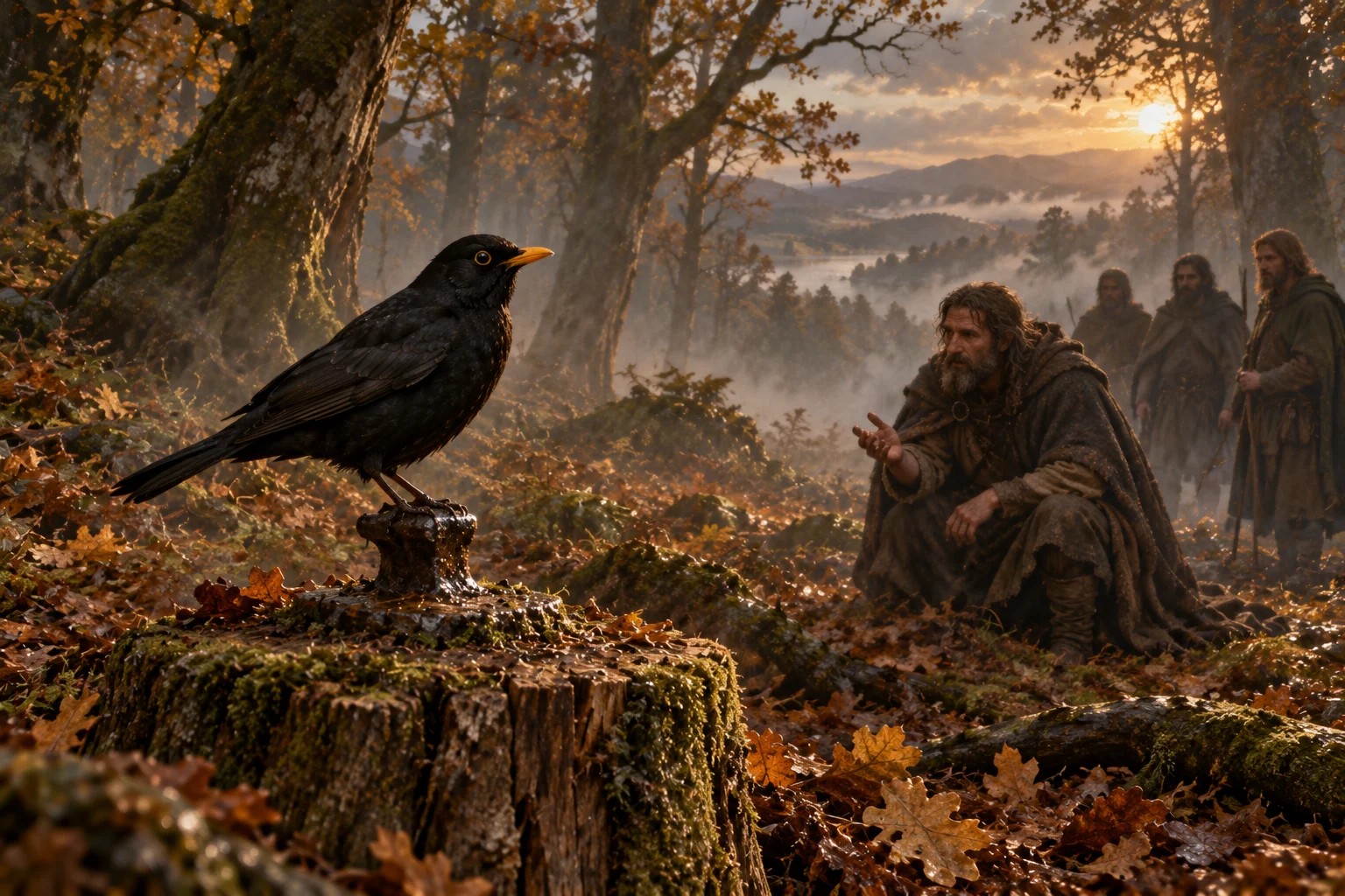 Peinture d'évocation : un merle noir perché sur le reste usé d'une enclume, dans une forêt d'automne ; un homme accroupi lui parle, trois voyageurs derrière lui.
