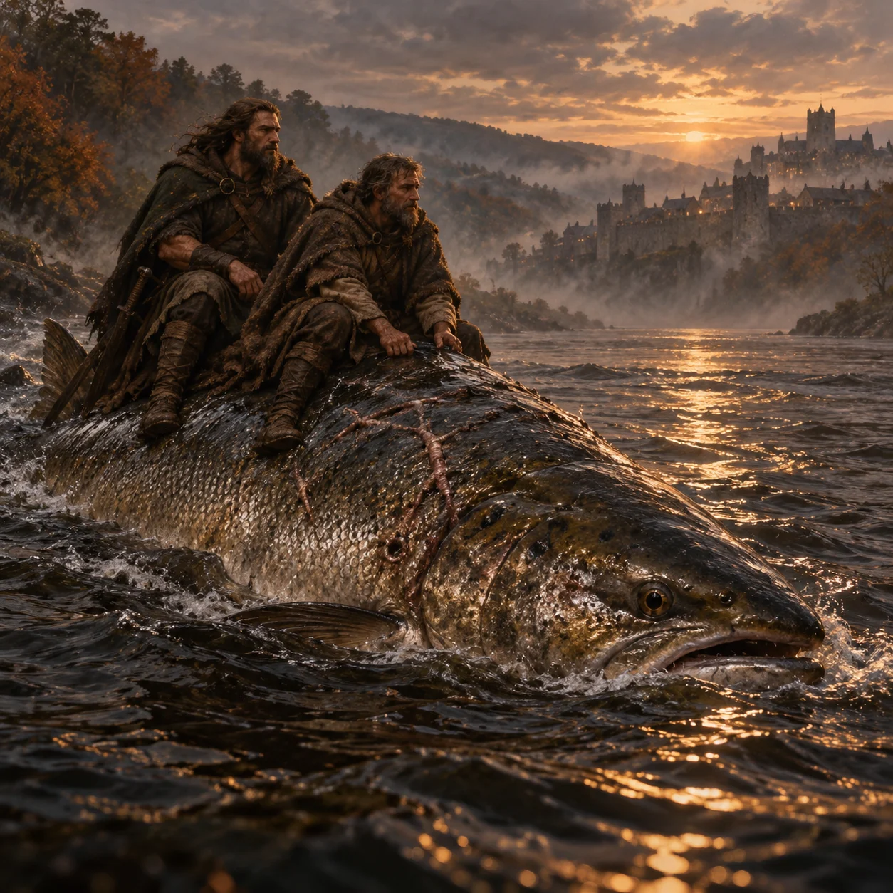 Peinture d'évocation : un saumon immense, au dos marqué de cicatrices, remonte un fleuve au crépuscule en portant deux hommes vers les murs d'une ville.