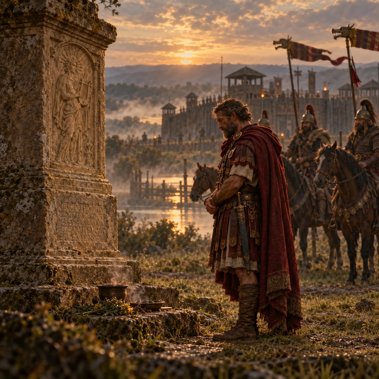 Peinture d'évocation : un centurion romain se recueille devant un monument de grès sculpté ; derrière lui, des cavaliers et leurs étendards en forme de dragon.