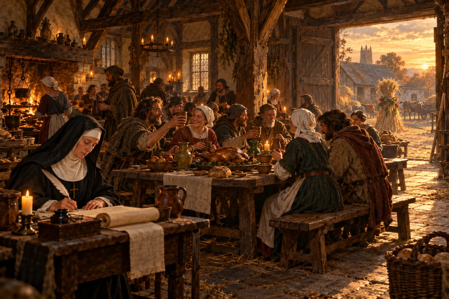 Peinture d'évocation : repas de fin de moisson dans une salle de ferme médiévale autour d'une oie rôtie et de cruches de vin ; au premier plan, une religieuse inscrit une dépense sur un parchemin.