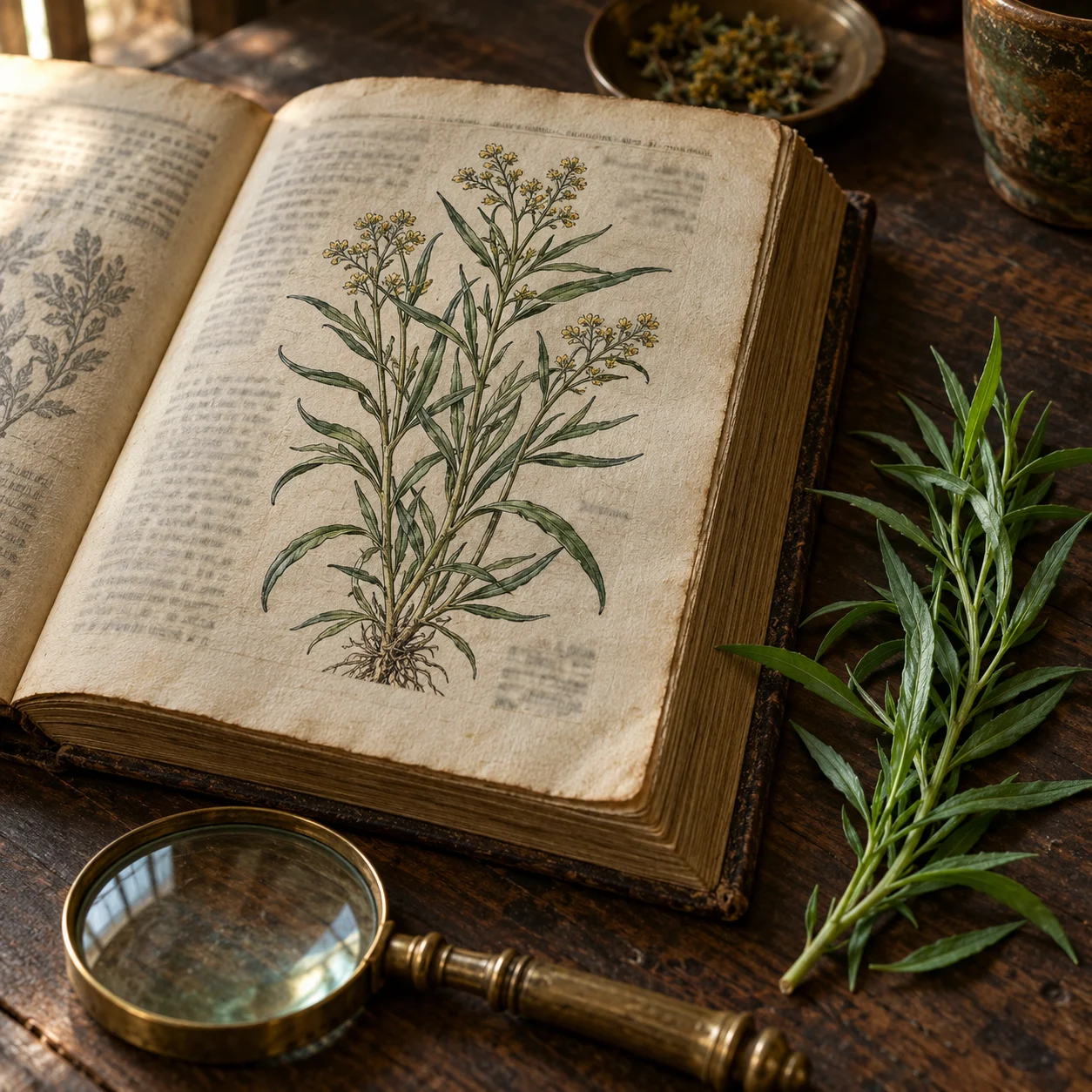 herbier imprimé de la Renaissance ouvert sur une gravure sur bois d'estragon, brin frais et loupe