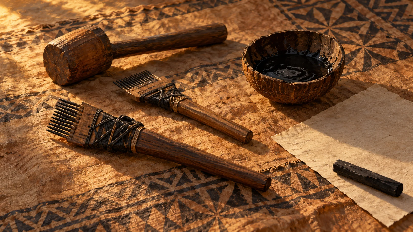outils de tatouage traditionnels du Pacifique posés sur une étoffe de tapa