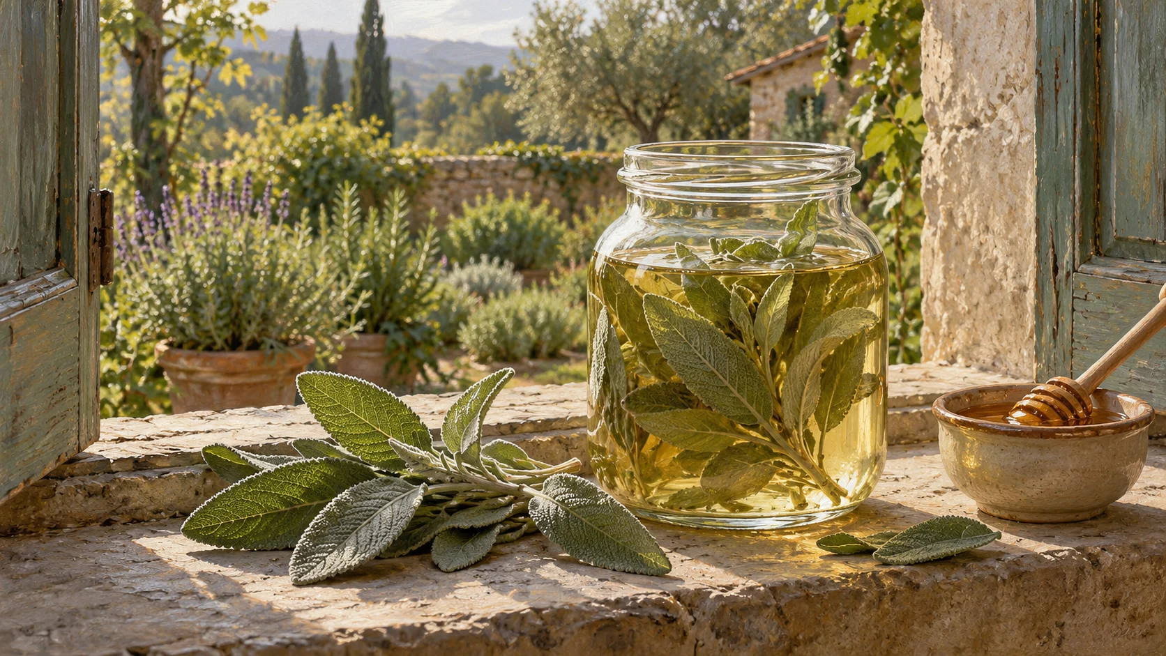 bocal de vin blanc où infusent des feuilles de sauge, pot de miel, sur un rebord de fenêtre