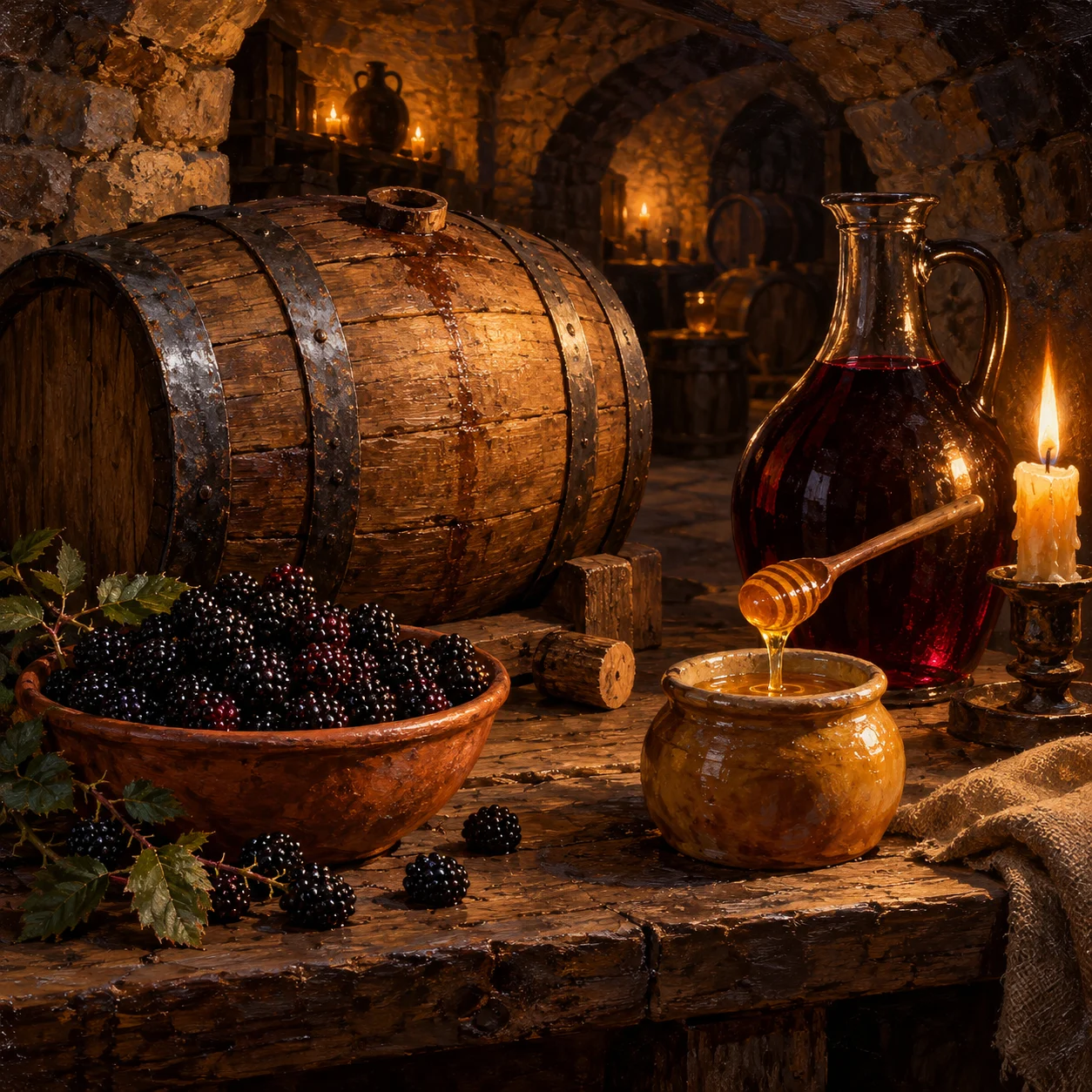 tonnelet de chêne, mûres sauvages, miel et cruche de vin dans une cave voûtée
