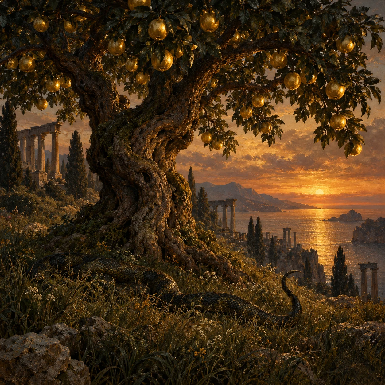 arbre ancien aux fruits d'or au crépuscule, dans un jardin mythique au bord de la mer