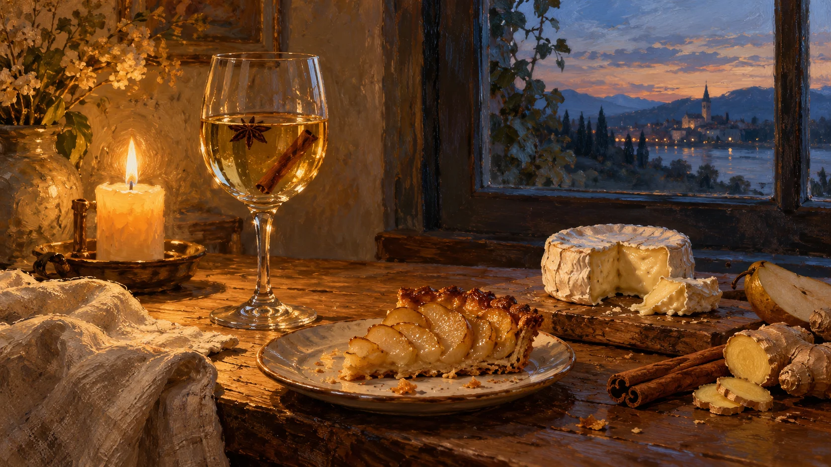 verre de vin blanc épicé, tarte aux poires et fromage crémeux à la bougie