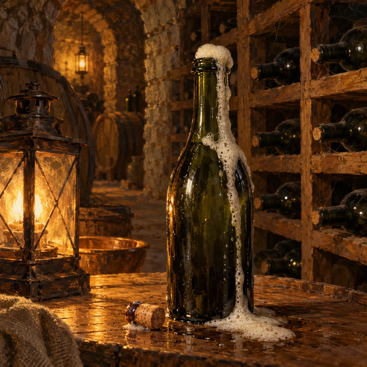 cave du XIXe siècle, une bouteille dont le bouchon est poussé hors du goulot par la mousse