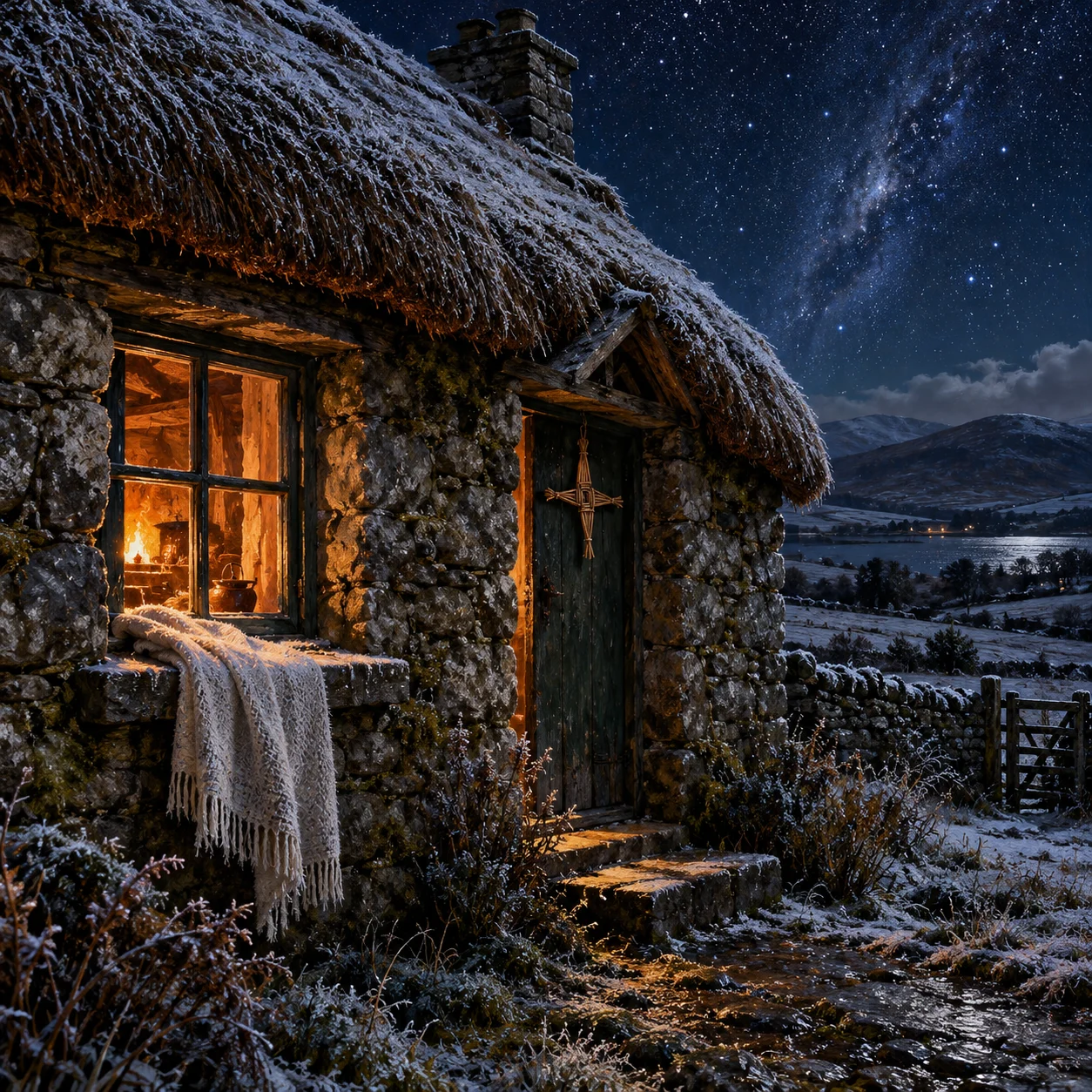 étoffe givrée suspendue à la fenêtre d'une maison au toit de chaume, la nuit de la veille d'Imbolc