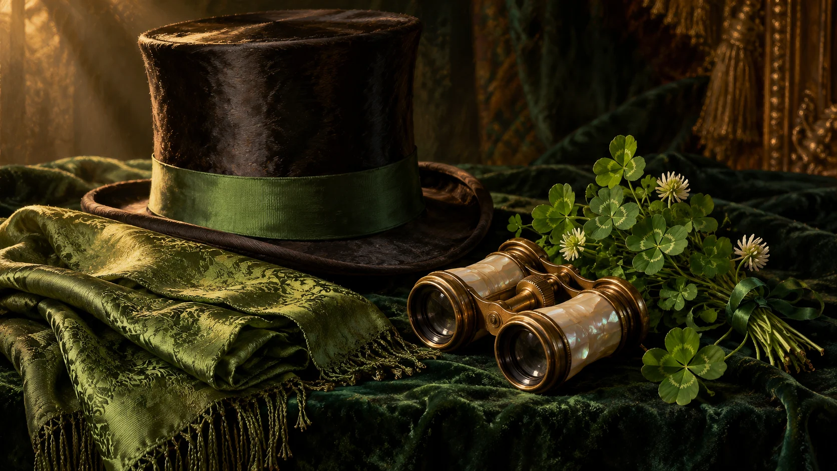 chapeau à ruban vert, écharpe de soie verte, jumelles de théâtre et trèfles sur un velours vert