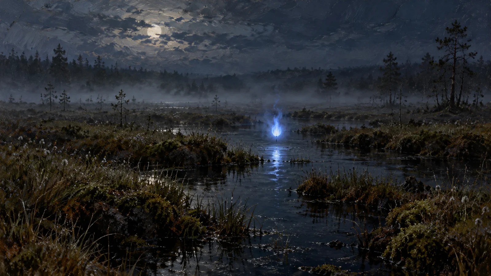 Petite flamme bleutée au ras de l’eau d’une tourbière, la nuit