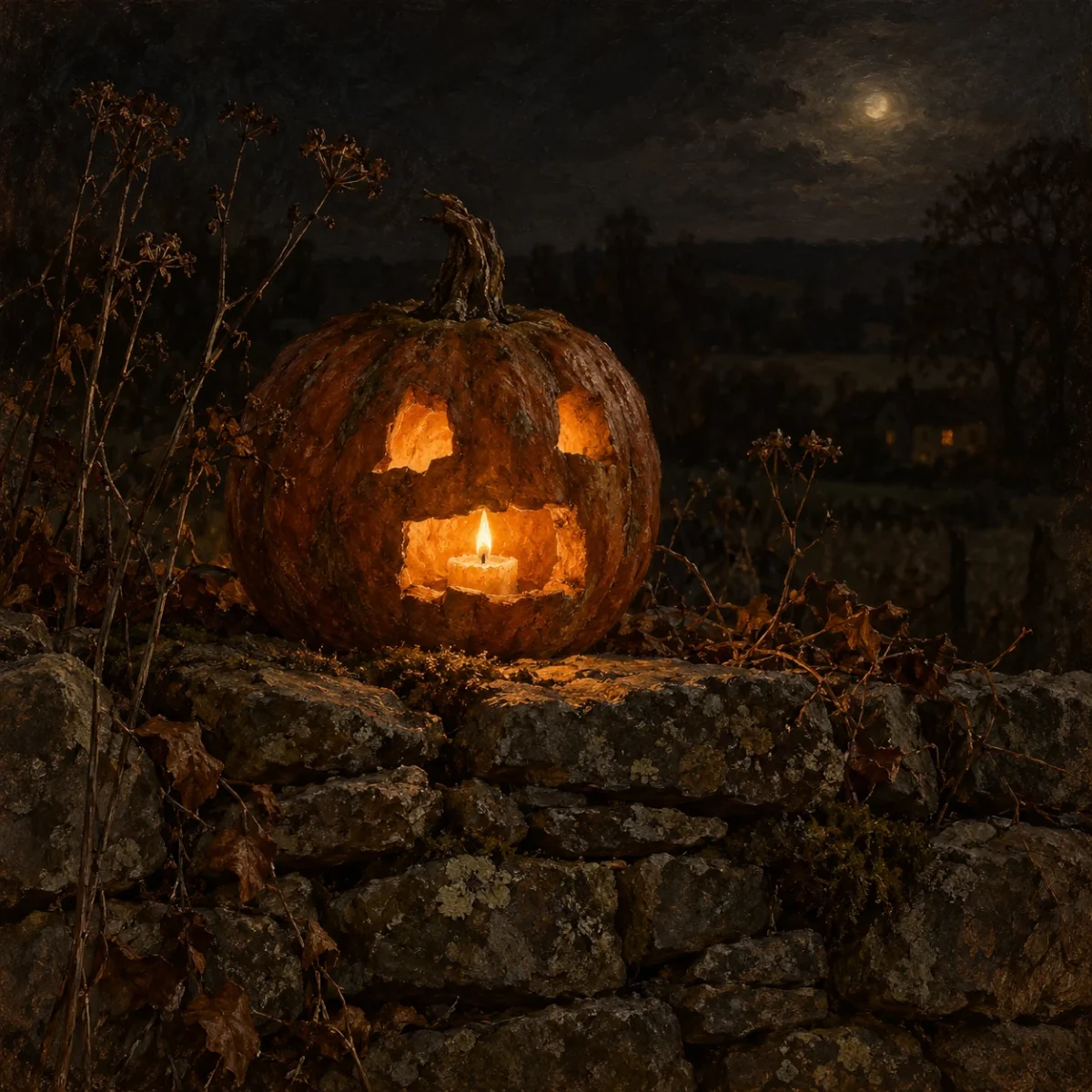 Citrouille taillée en visage, éclairée par un bout de chandelle, nuit d’automne