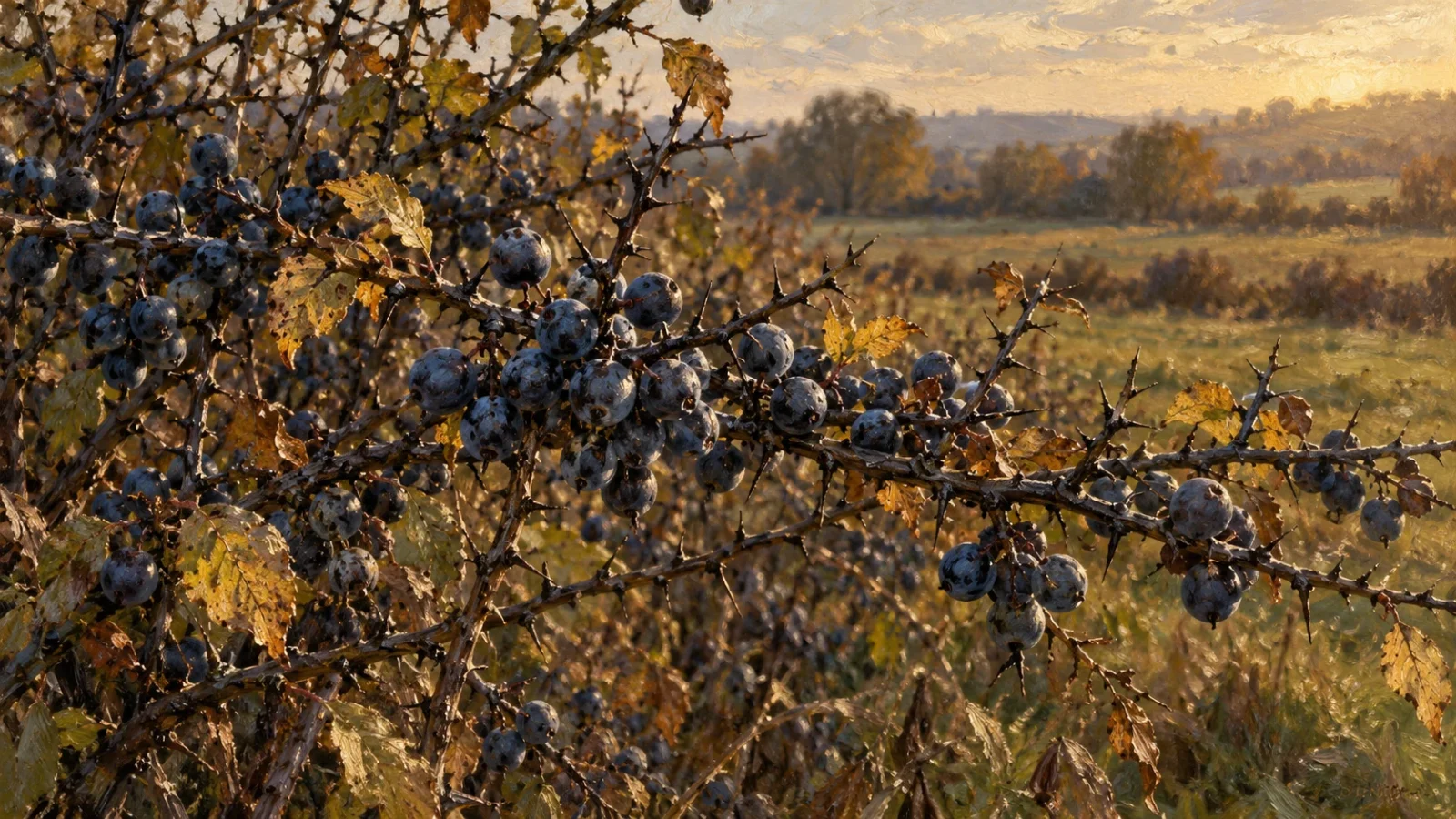 Haie de prunelliers épineux chargée de petits fruits bleu-noir pruinés, sous une lumière d’automne.