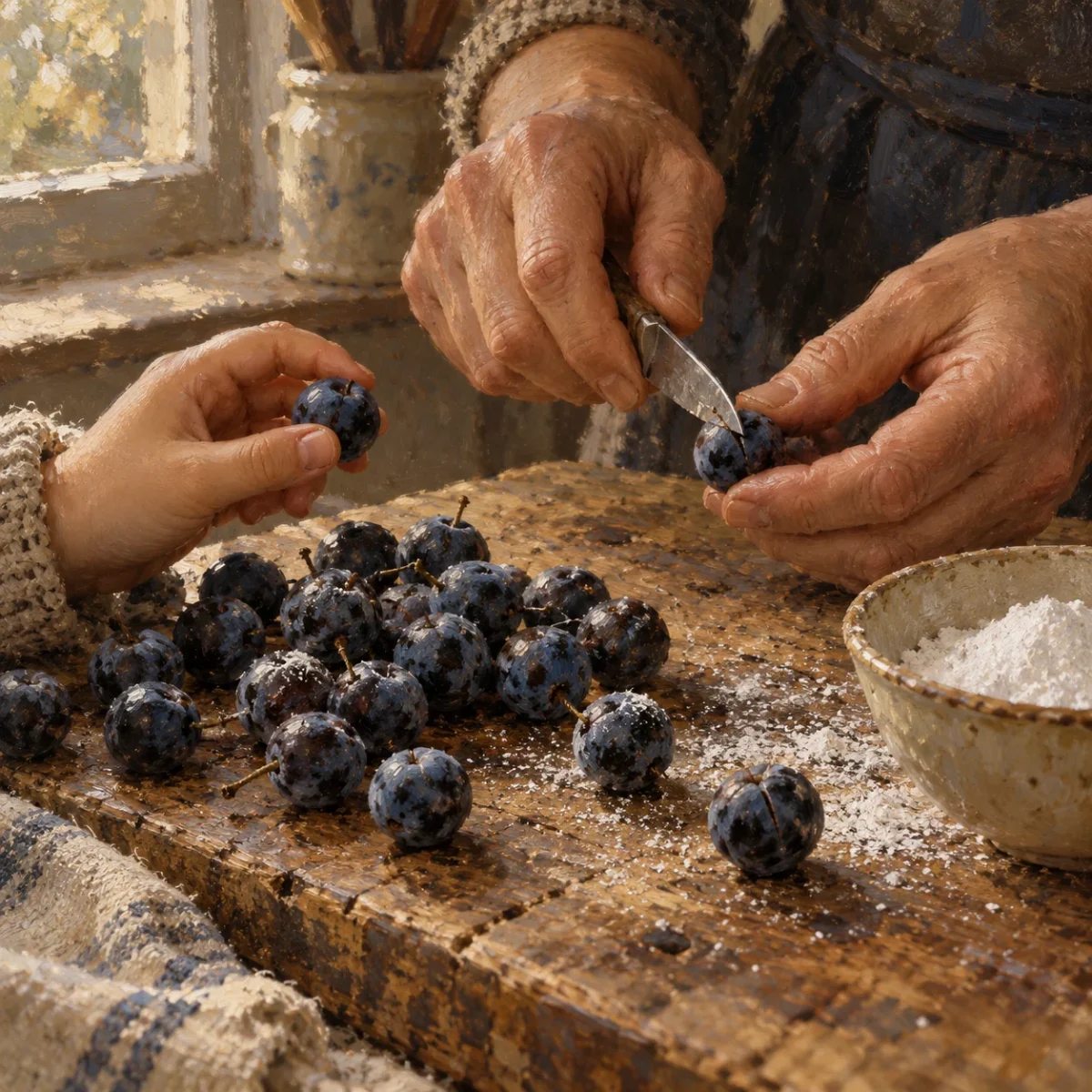 Une main d’adulte entaille une prunelle au couteau sur une planche de bois, une main d’enfant en tient une autre