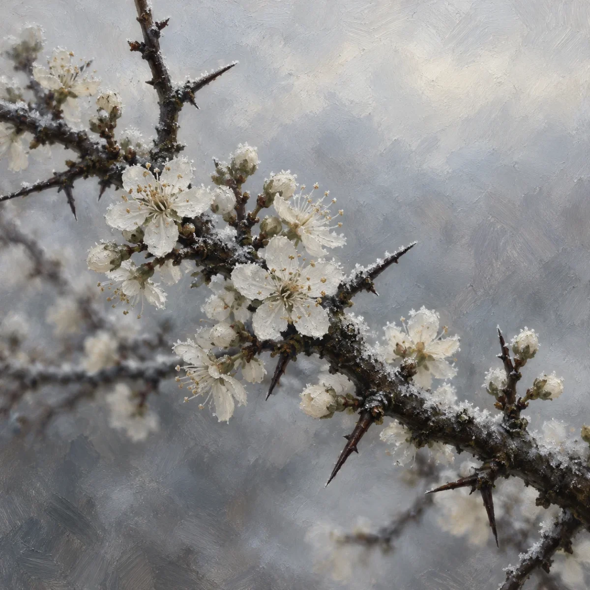 Rameau de prunellier couvert de petites fleurs blanches sur bois sombre et nu, sans feuilles.