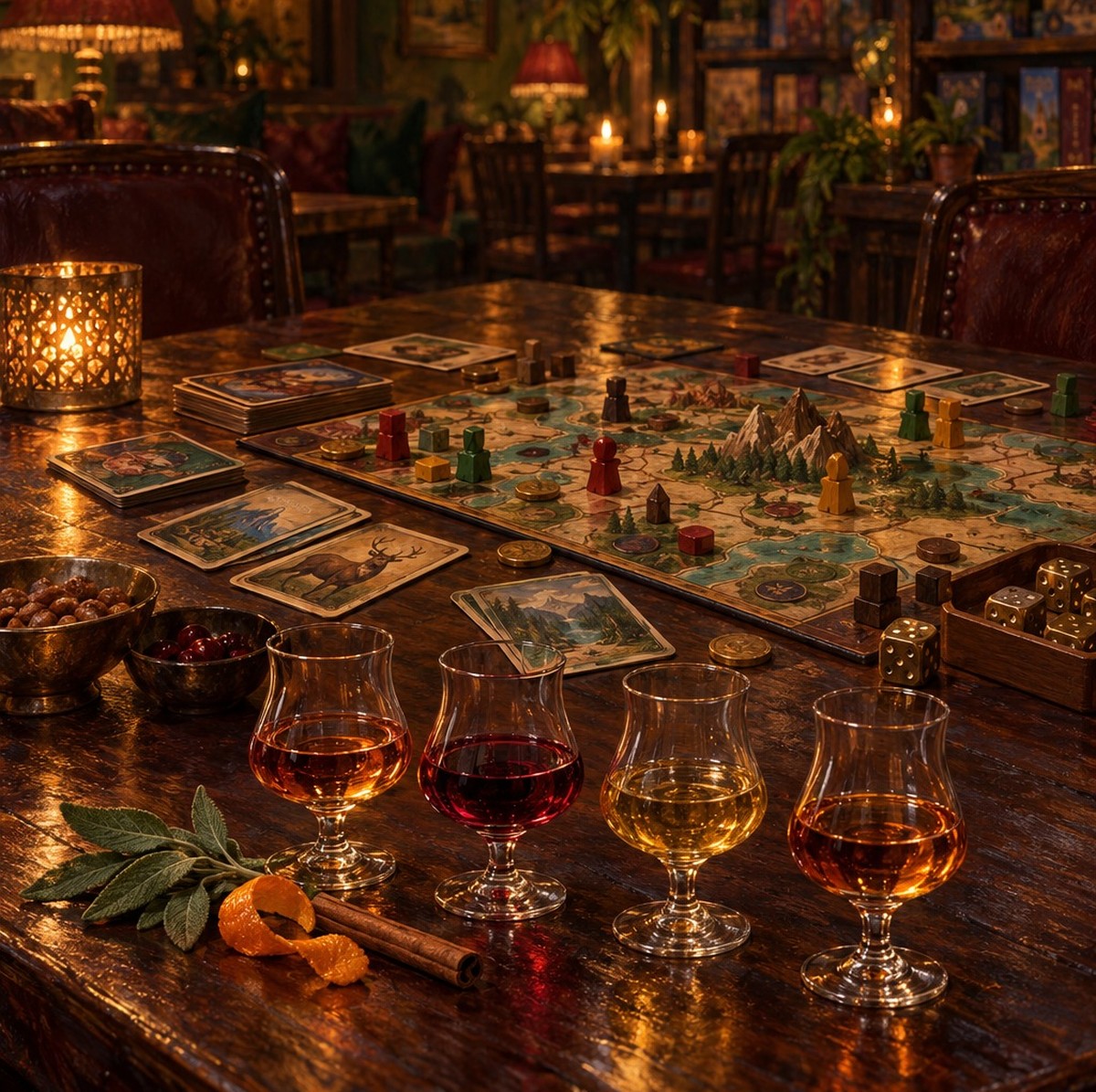 Table de jeu et verres de dégustation à la lueur des bougies